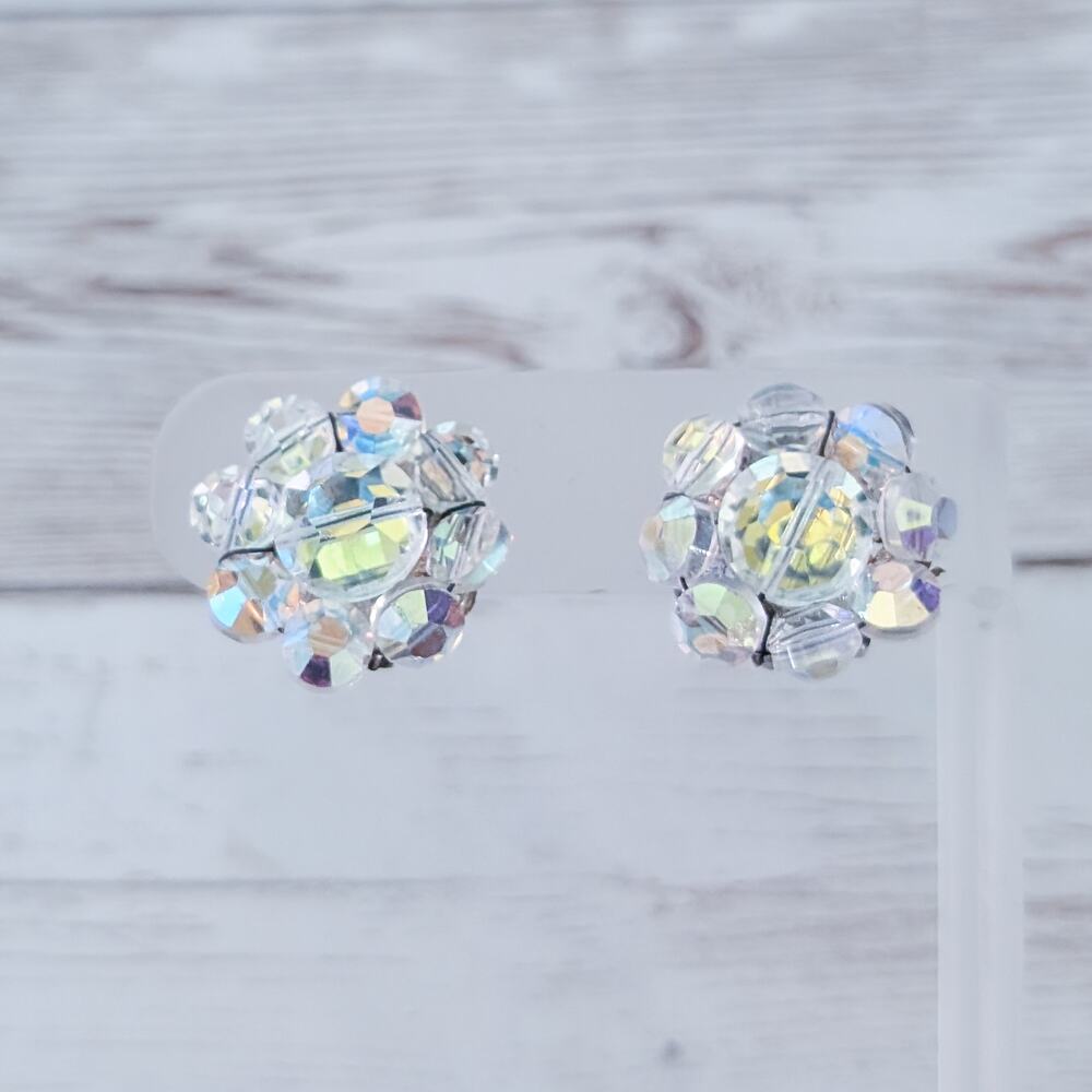 Vintage Clip On Earrings Clear/Iridescent Beaded Flower Like Cluster